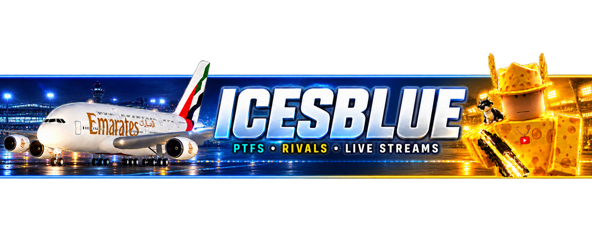Icesblue banner with an Emirates plane and yellow cheese Roblox avatar